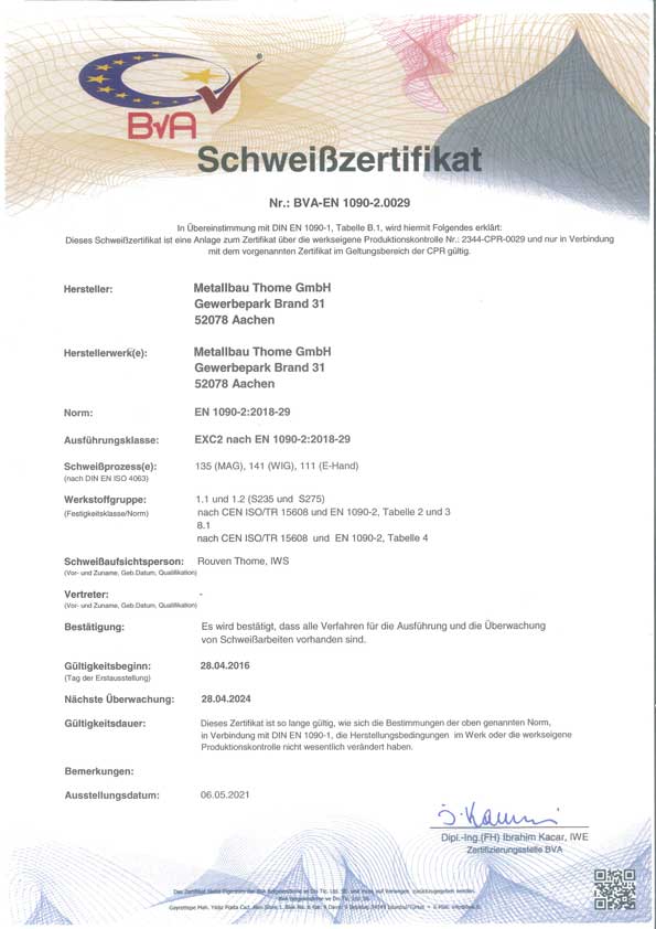 Schweißzertifikat BVA-EN 1090-2-2.0029